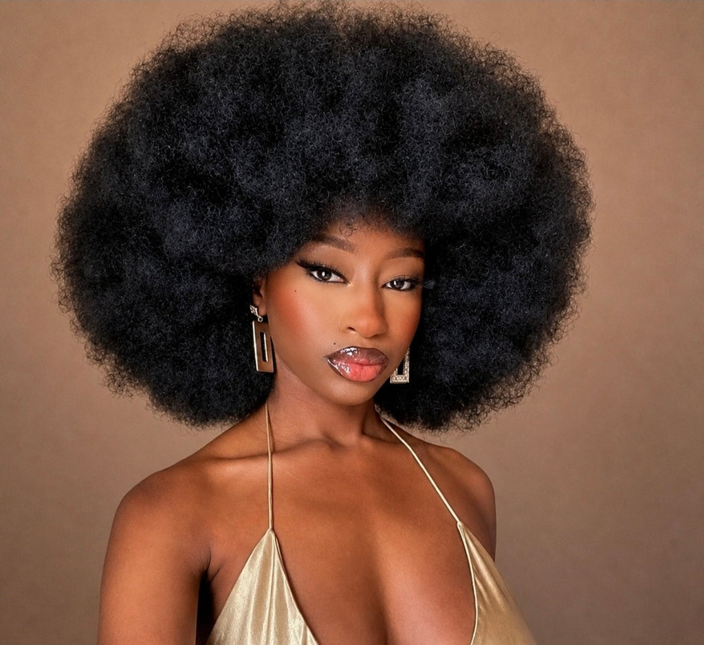 Big Afro Wig – Natural Black, front and back view on mannequin