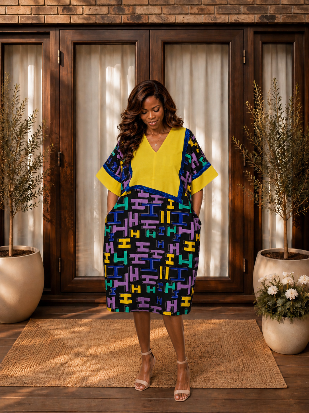 Short Ankara Dress - orange geometric print