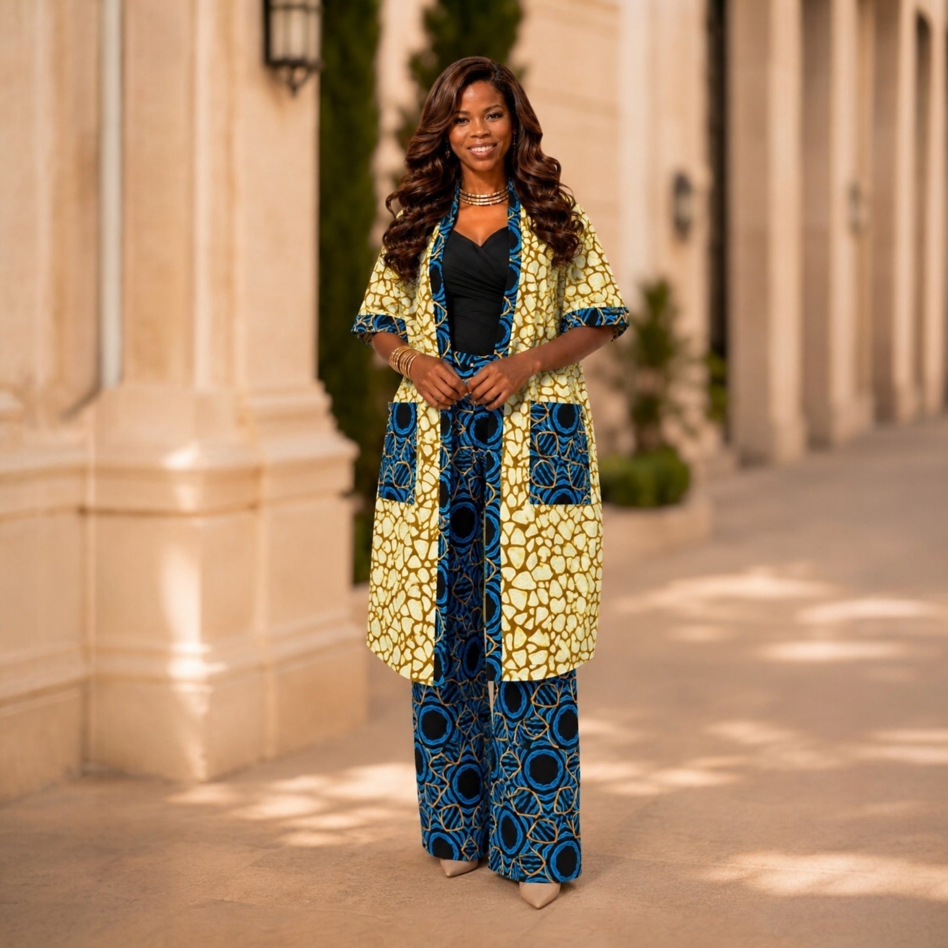 Ankara Kimono Corporate Set - Lime and Blue Abstract