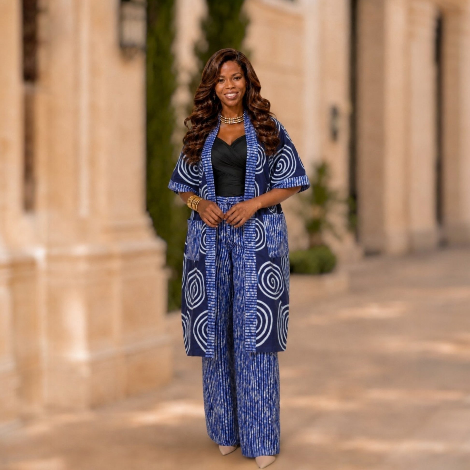 Ankara Kimono Corporate Set - Navy Adire Swirl