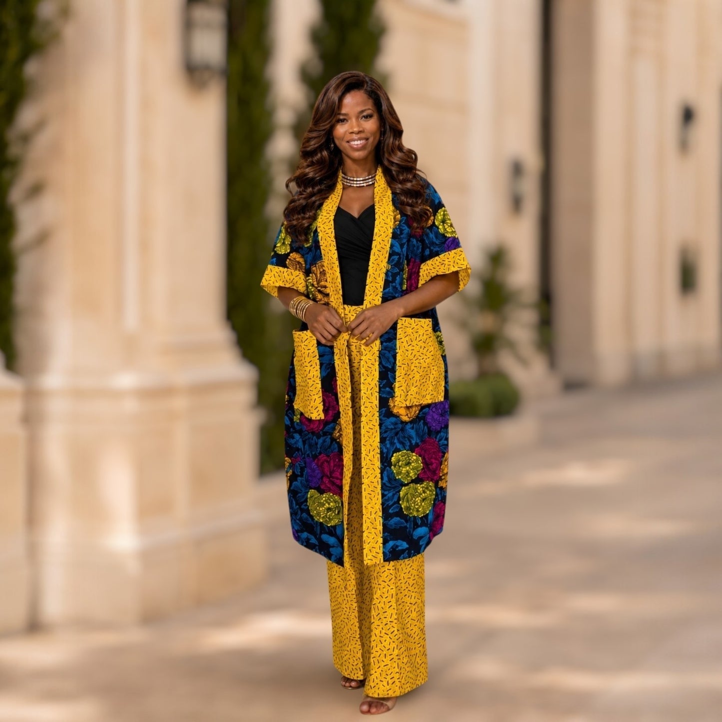 Ankara Kimono Corporate Set - Yellow and Blue Floral